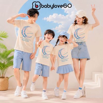 Áo du lịch cho gia đình BabyloveGO, áo đi biển cổ tròn cotton 100% co giãn 4 chiều, đủ size cho bố mẹ và bé 10-80kg