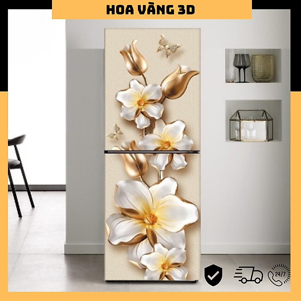 Decal Dán Tủ Lạnh Phong Thủy HOA VÀNG 3D