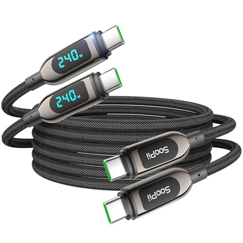 Cáp USB C sang USB C SOOPII 240W, [4ft, 2 gói] Cáp sạc nhanh bện Nylon có màn hình LED cho lPhone 17
