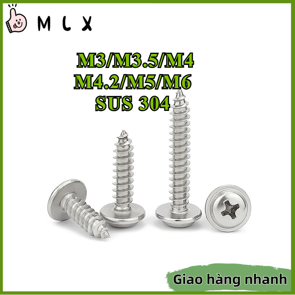Vít Tự Khoan Đầu Dẹp To Mũi Nấm Mạ Kền, Lỗ Chéo 304 Chống Gỉ, Lắp Khung Nhôm & Gỗ, M3 / M3.5 / M4 / 