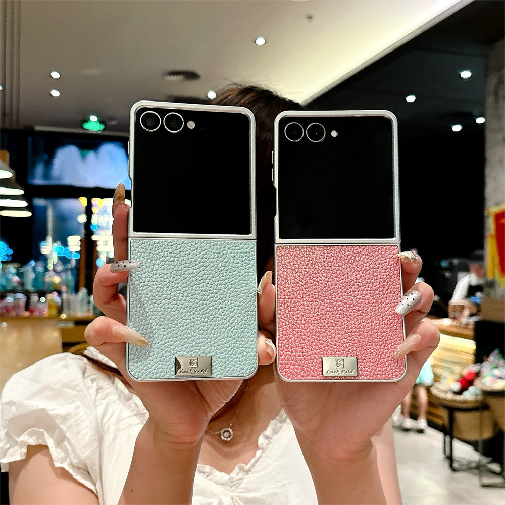 Ốp Điện Thoại Viền Mạ Sang Trọng Cho Samsung Galaxy Z Flip 7 6 5 4 3 lychee Họa Tiết Da Chống Sốc Ốp