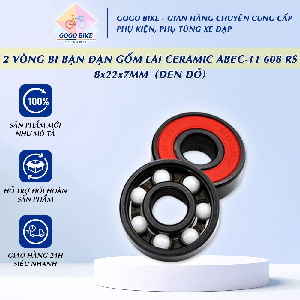 [GoGo Bike] 2 Vòng bi bạc đạn gốm lai Ceramic ABEC-11 608 rs cho xe đạp (Đen Đỏ)