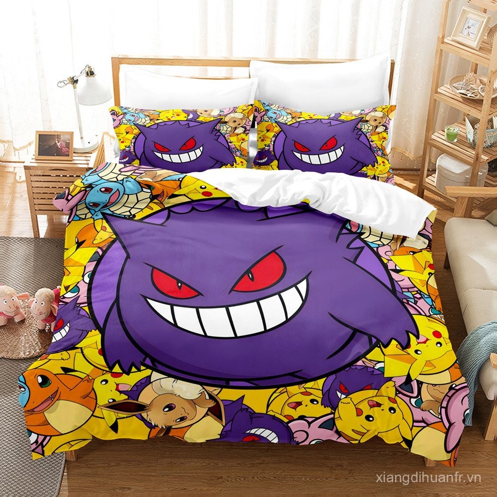 3in1 Pokemon Anime Ngoại Vi Series Gengar Hoạt Hình 3D Kỹ Thuật Số In Hình Duvet Có Ga Trải Giường C