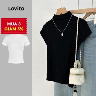 Lovito Áo thun giản dị cổ cao trơn dành cho nữ LNE38015 (Đen)