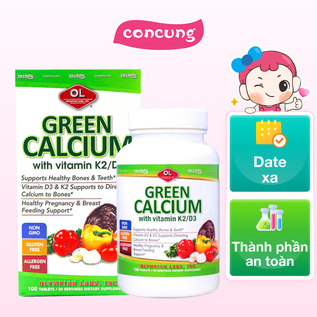 Viên uống Canxi hữu cơ cho bà bầu và cho con bú Olympian Labs Green Calcium (Lọ 100 viên) - Con Cưng