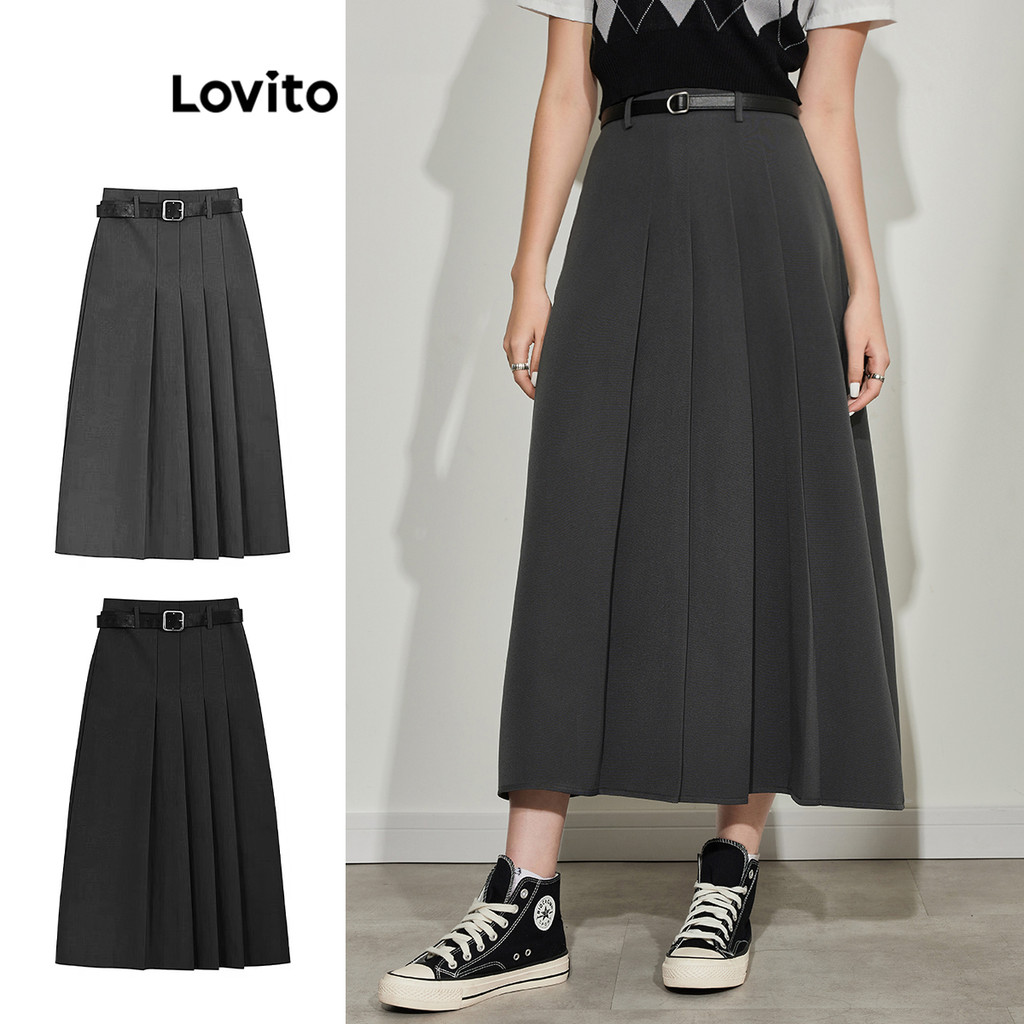 Lovito Váy thường ngày Váy bất đối xứng xếp ly trơn dành cho nữ L45AD051 (Xám)