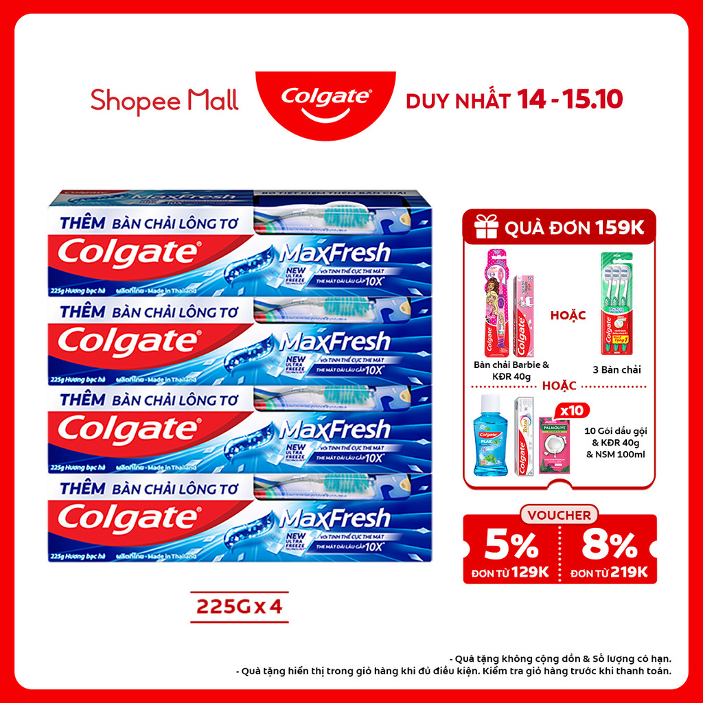Bộ 4 Kem đánh răng Colgate Maxfresh bạc hà the mát 225g/tuýp tặng bàn chải đánh răng lông mềm