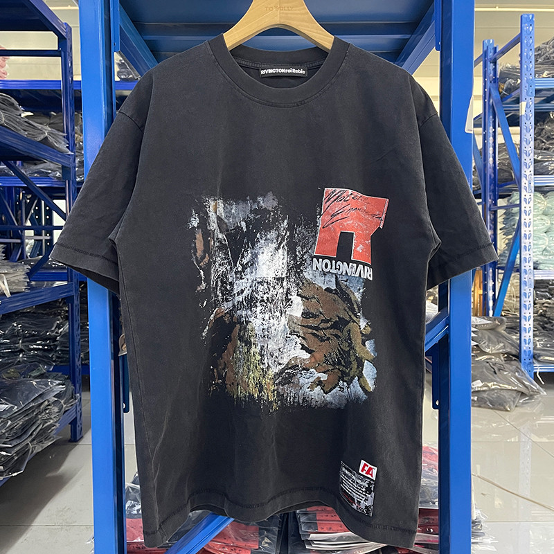KEBQ RRR123High street vintage washed distressed short sleeve shirt vintage Loose and casual T T-shi