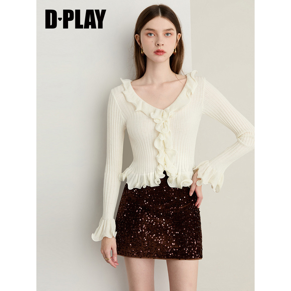 DPLAY2026 Mùa Xuân Trắng Dệt Kim Nữ Xù Dệt Kim Cardigan Mỏng Áo Top Áo