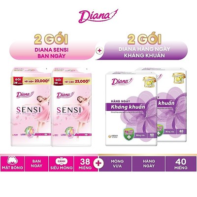 Combo 4 gói băng vệ sinh: 2 gói Diana Sensi Siêu Mỏng Cánh 38 miếng + 2 gói Diana Hàng Ngày Kháng Khuẩn 40 miếng