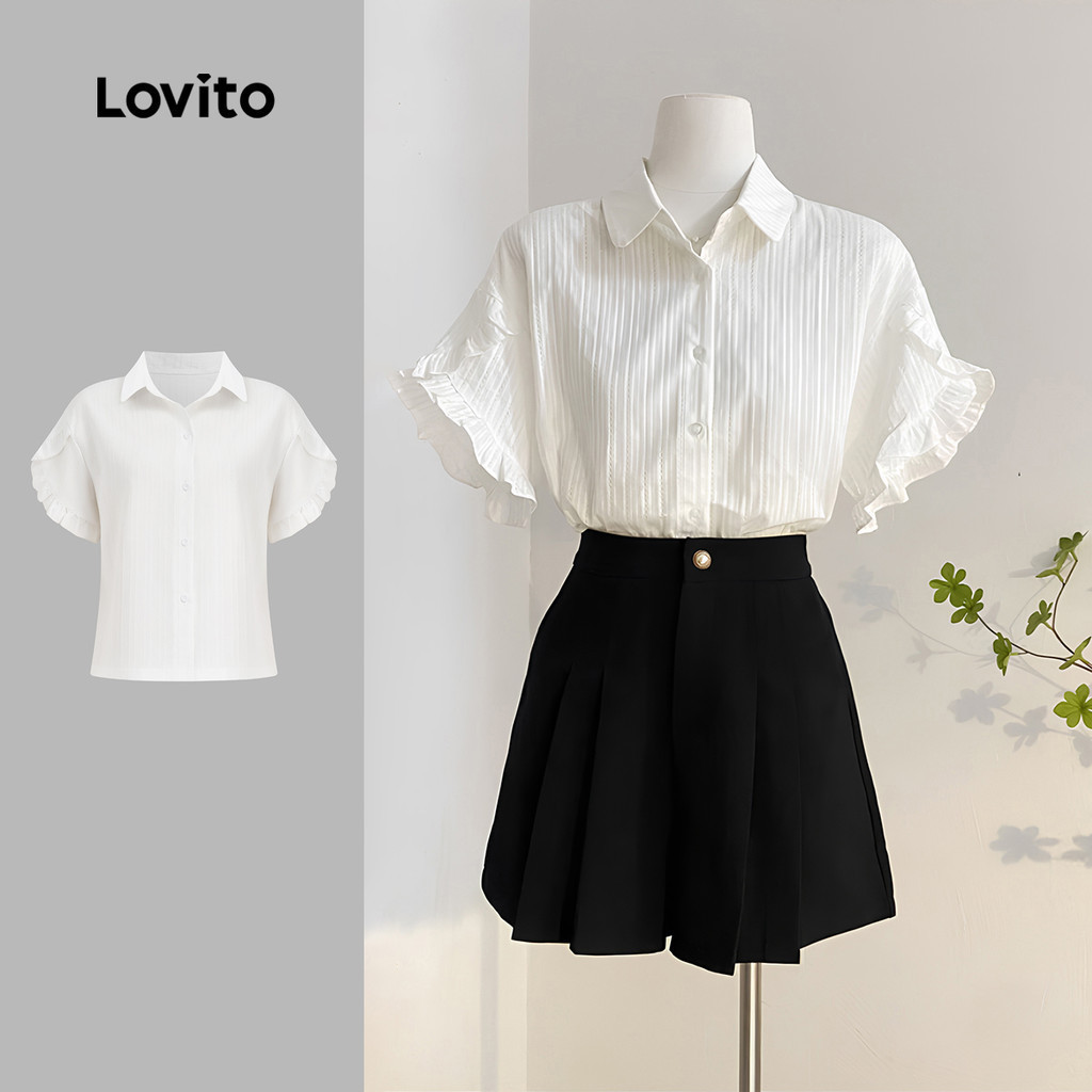 (thanh lịch) Lovito Áo sơ mi jacquard xếp ly đáng yêu cho mùa xuân/hè  áo sơ mi trắng dành cho phụ n
