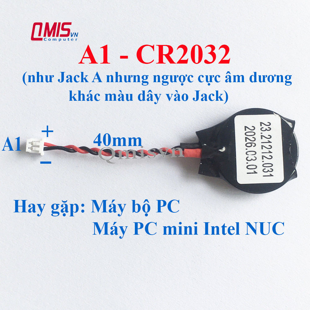 (A1-CR2032) Pin Cmos laptop 2 dây Jack A1 CR2032 ML2032, pin cmos máy bộ pc, mini pc Intel NUC, đườn
