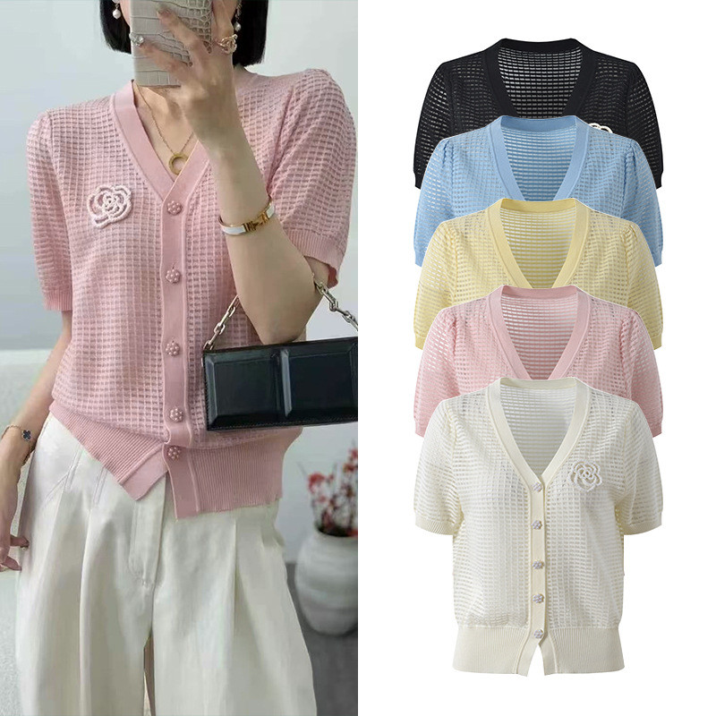LMK8 Self Port''''2025Summer New Design Hollow Out Plaid Crochet Decor Short Slim Knit Cardigan Shor