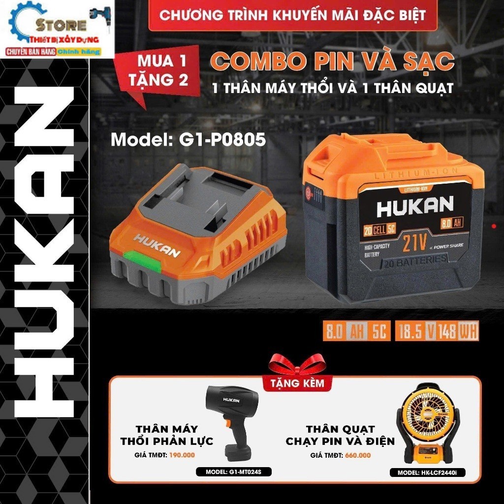 Pin máy khoan HUKAN 8A, Combo Pin+Sạc HUKAN G1-P0805+ 2  máy khủng TT Store thiết bị HUKAN