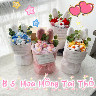  Bó Hoa Hồng Len Tai Thỏ Bunny Hoa Hồng Len Kèm Túi Thiệp Đèn LED Dễ Thương,Quà Sinh Nhật Cho Cô Gái 