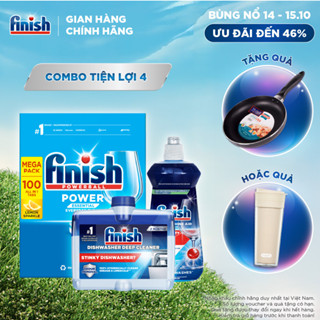 Combo Finish tiện lợi 4: Hộp 100 Viên Rửa Bát Essential + Nước Làm Bóng Finish 500ml +Dung Dịch Vệ Sinh Máy Finish 250ml