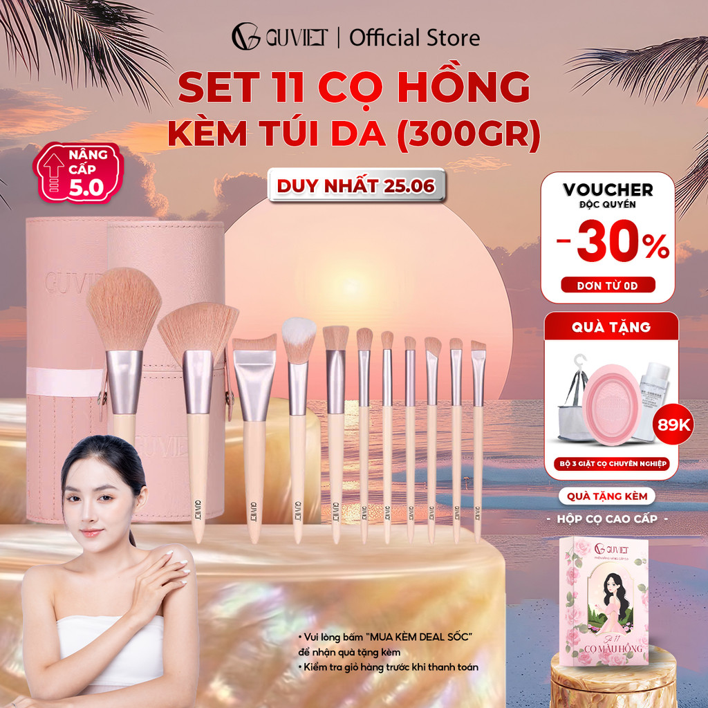 Bộ Cọ Trang Điểm Cá Nhân GUVIET 11 Cây Màu Hồng Kèm Túi Da Đựng Cùng Màu 300gr
