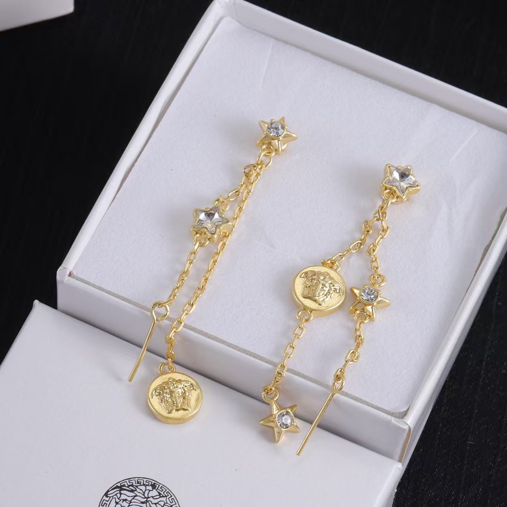 Five-pointed star with diamonds, medium-long tassel beauty head earrings, high-end trendy earrings