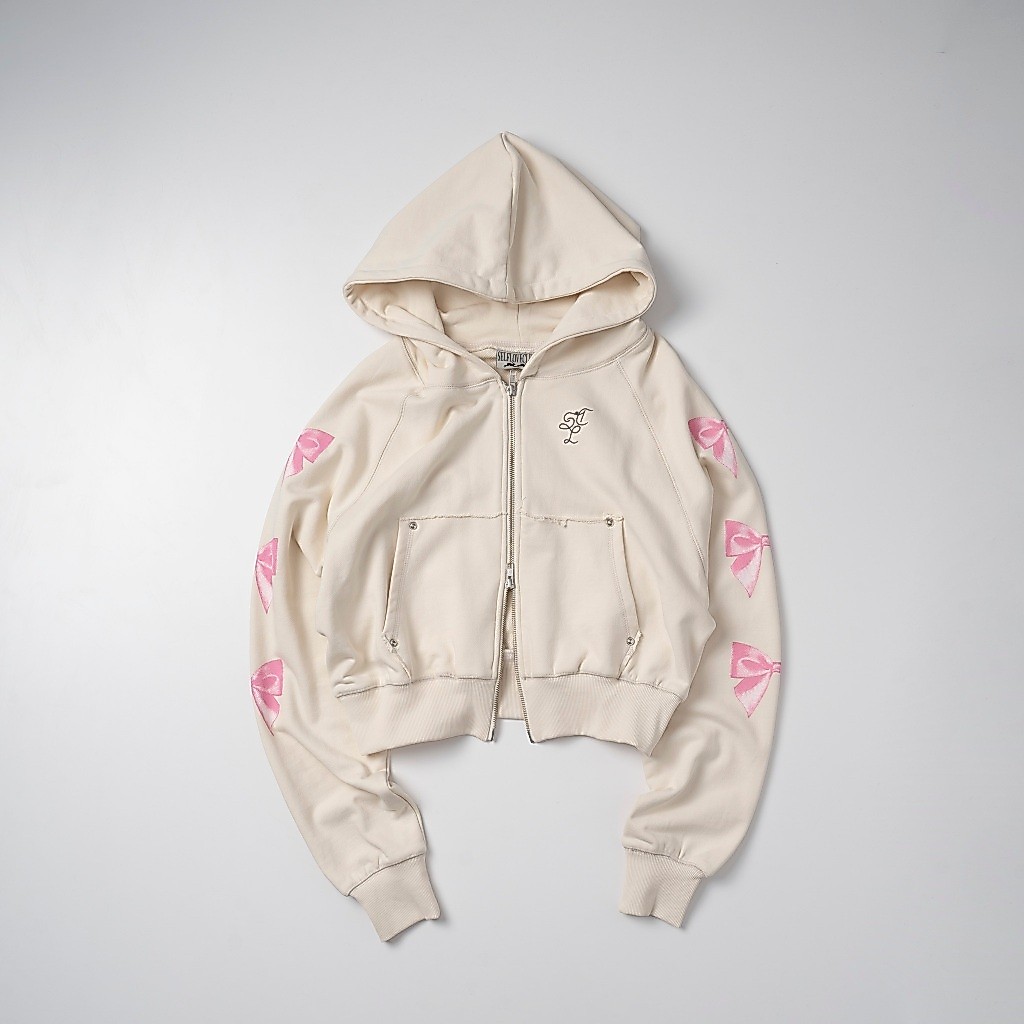 Ribbon Cropped Zipper Hoodie - Cream | Hoodie Zip Lửng - Kem