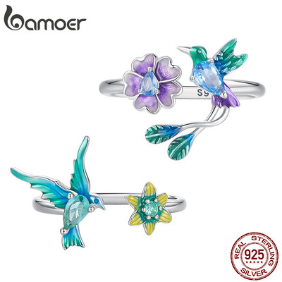 Bamoer Bạc 925 Mở Nhẫn Có Thể Điều Chỉnh Kích Thước Tím Xanh Chim & Hoa Trang Sức Thời Trang Cho Nữ Quà Tặng