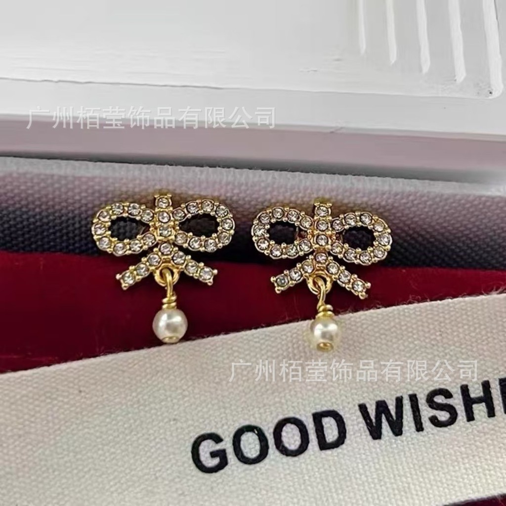 Dijia D-Set Kim Cương Nơ Ngọc Trai Tua Rua Bông Tai Nữ Tính Khí Mới Ngọc Trai CD Bông Tai