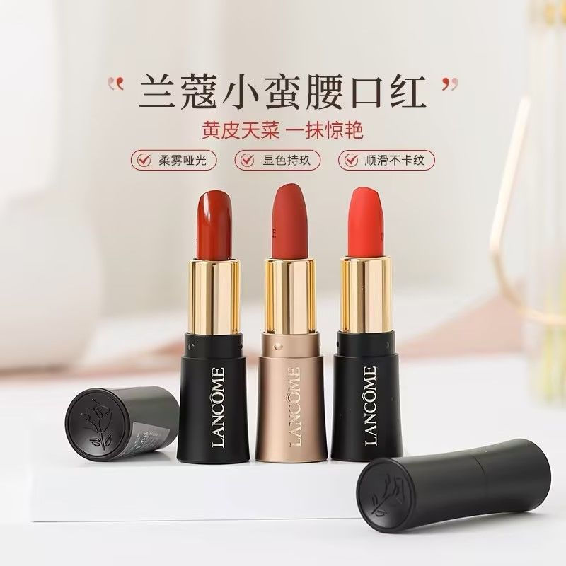 Blue196#505#29510y New product sample lancome Red Mist lipstick in a black tube, with a velvet textu