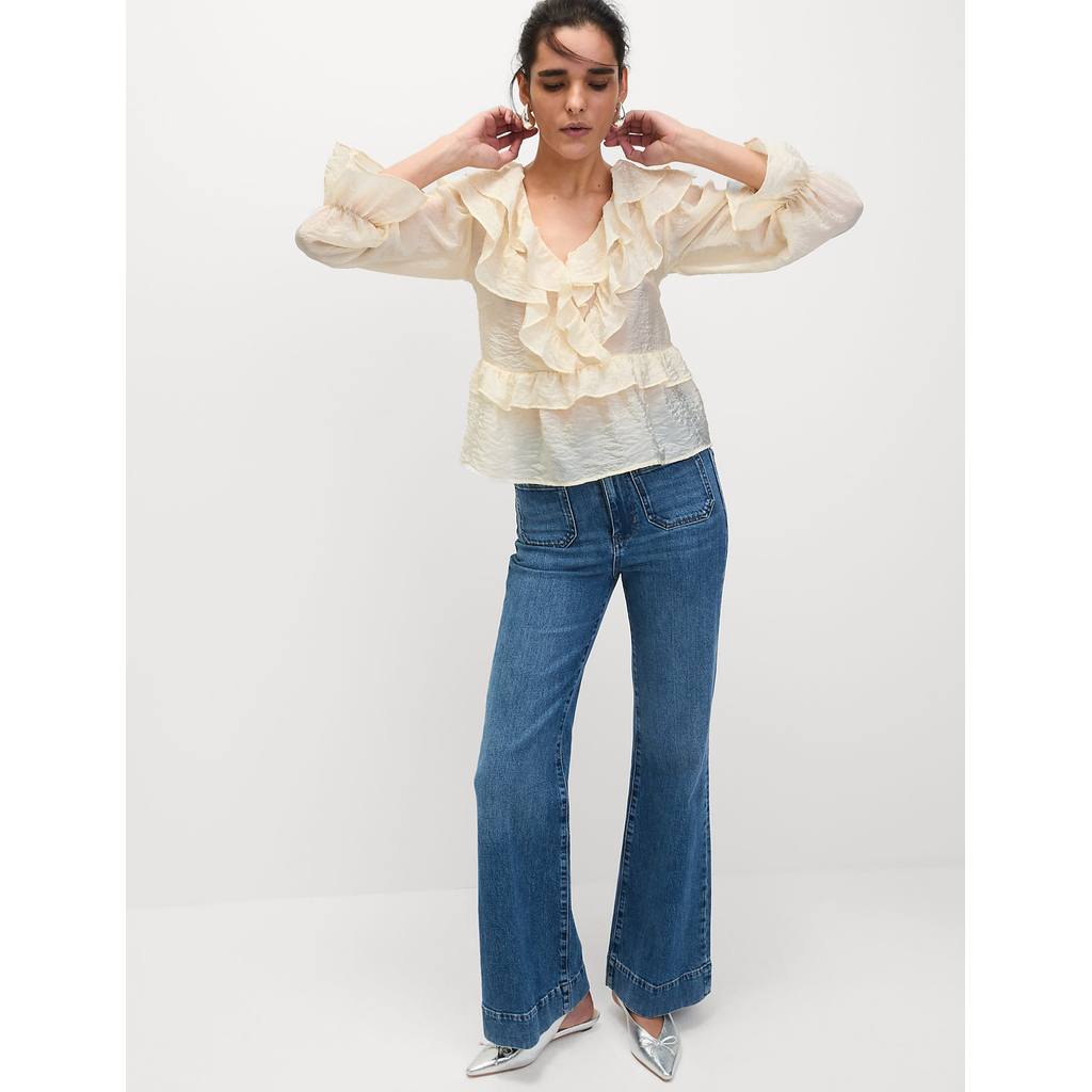 M&S - Women Tops - V-Neck Frill Detail Blouse - IVORY