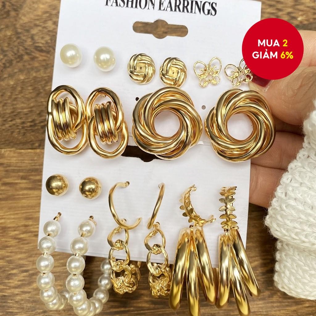 Bộ 6 Đôi Pháp Vàng Hình Học Ngọc Trai Retro Bông Tai Lớn Phù Hợp Với Nữ