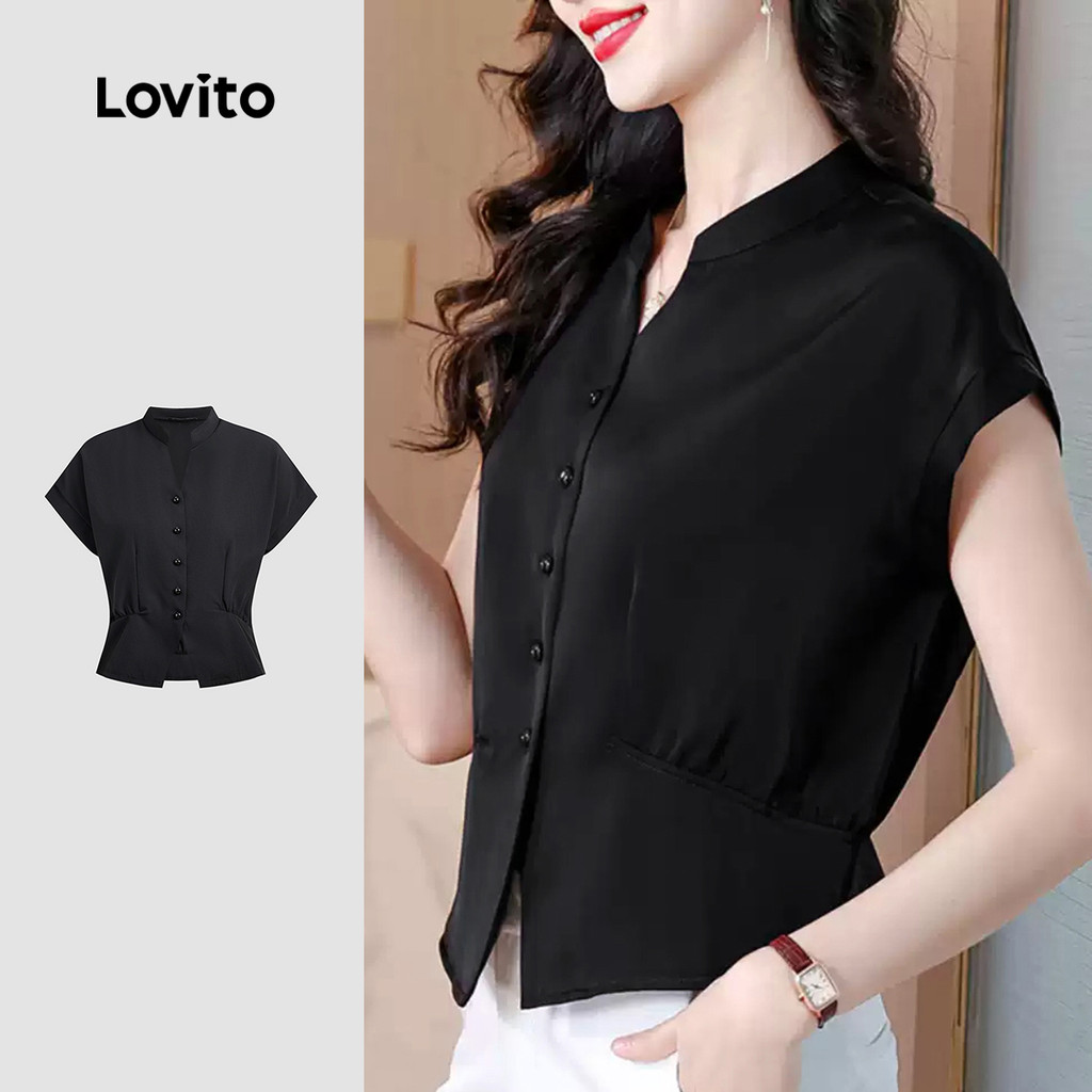 (NEW) Lovito Áo sơ mi nữ thanh lịch nút áo mùa xuân/hè áo sơ mi đen L150ED107