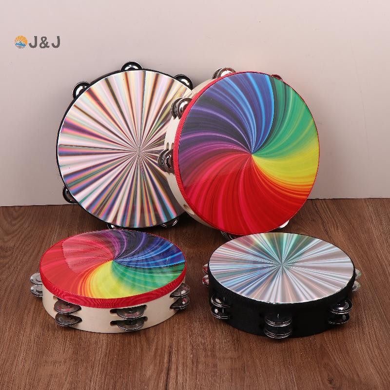 [J & J] 8 / 10 Bằng Gỗ Trống Tay Chuông Tay Tambourine W / Double Row Jingles Laser / Rainbow Drum H