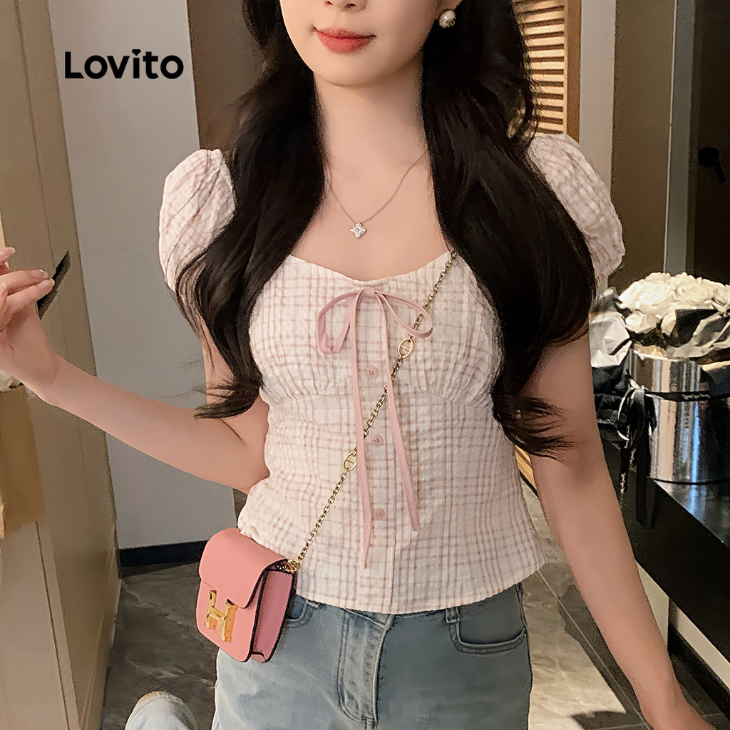 Áo kiểu nữ Lovito hồng xuân hè nơ Gingham phong cách thường ngày L136AD105 | BigBuy360 - bigbuy360.vn