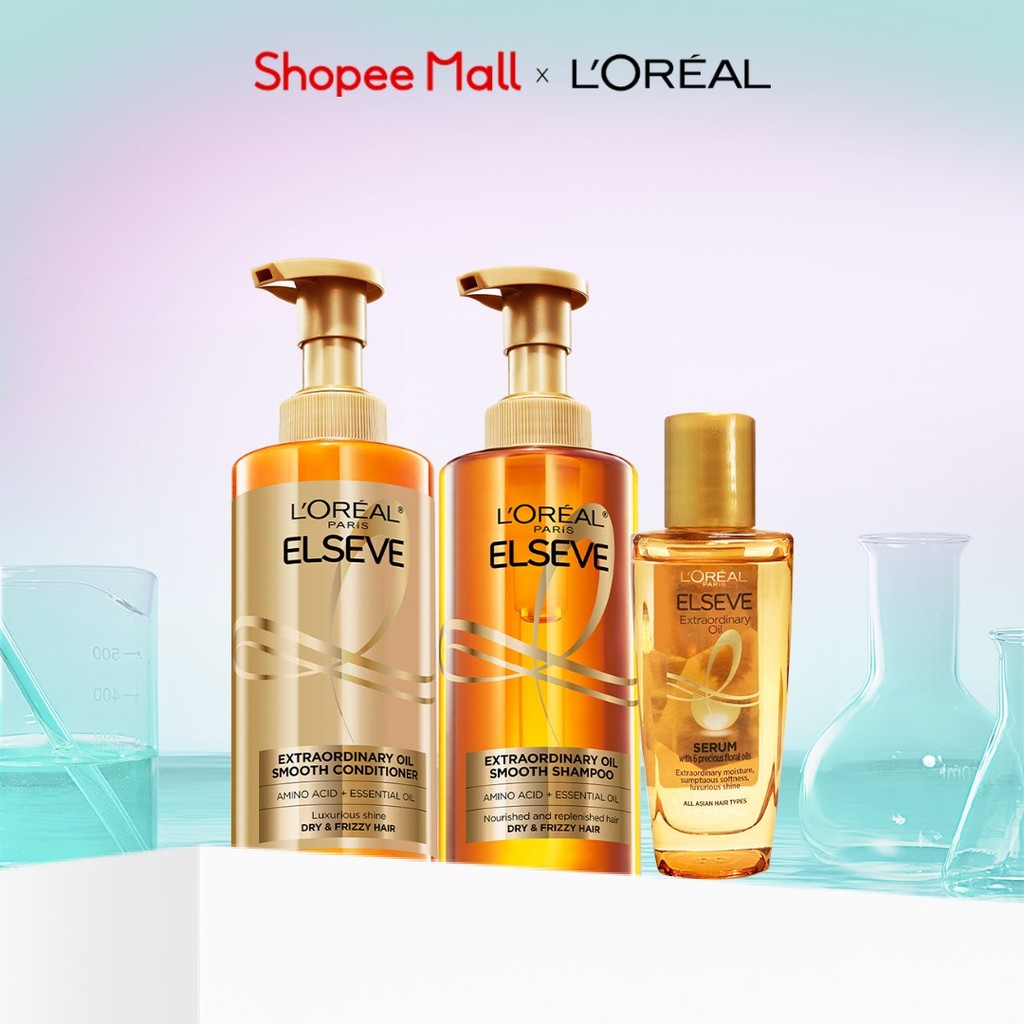 Bộ gội xả dưỡng tóc suôn mượt tóc cao cấp L'Oreal Paris Sleek 440ml x2 & Dầu dưỡng chiết xuất tinh dầu 30ml