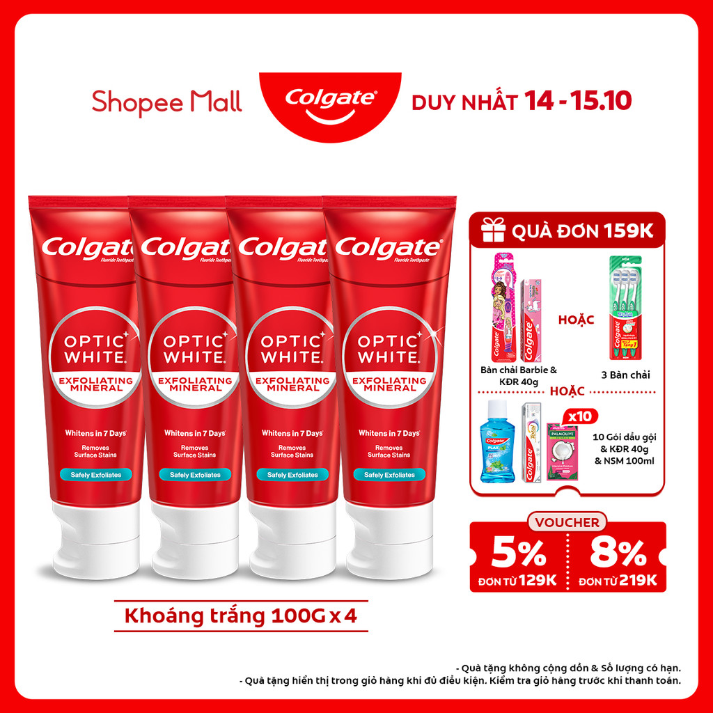 Bộ 4 Kem Đánh Răng Colgate trắng răng Optic White trắng trong 7 ngày từ tinh thể khoáng trắng 100g/tuýp