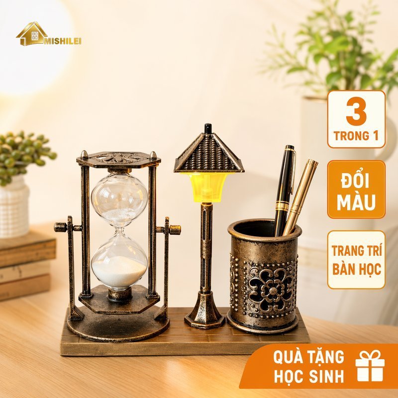 đèn ngủ đồng hồ cát ống cắm bút giả cổ đổi màu trang trí bàn học quà tặng học sinh
