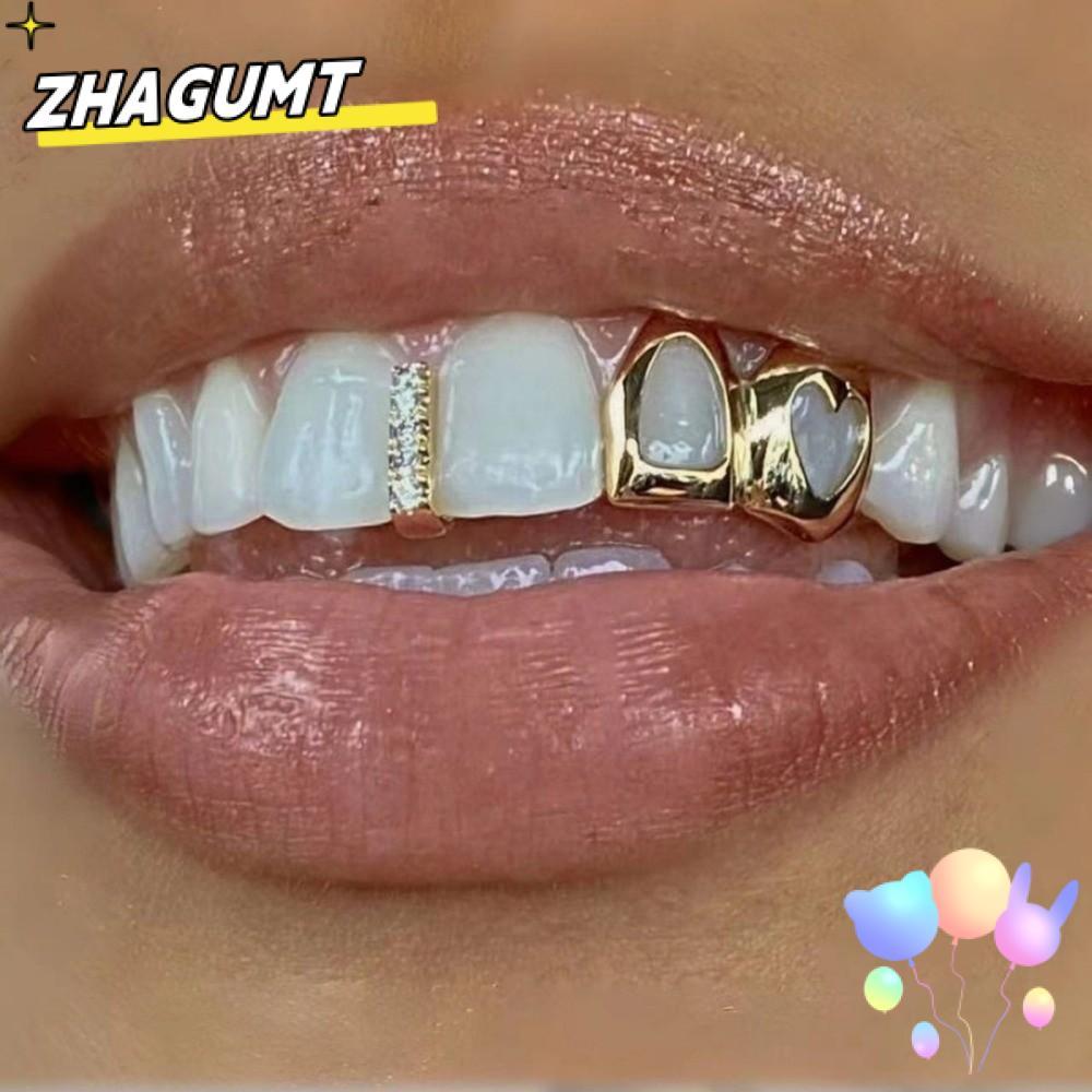 ZHAGUMT Hip Hop Răng Grillz, Màu Vàng Trái Tim Rỗng Grillz, Sáng Bóng Đôi Trái Tim Đồng Răng Mũ Tran