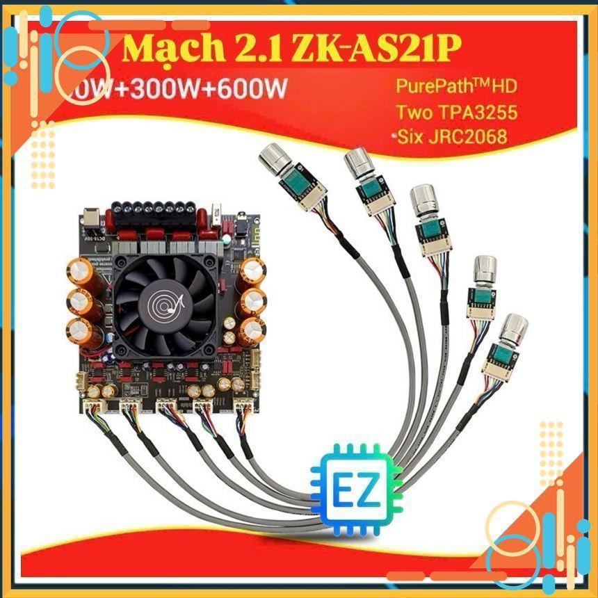 ZK-AS21P Mạch khuyếch đại âm thanh 2.1 TPA3255 600W+300W*2, có Bluetooth bản chiết áp rời, 18-50V