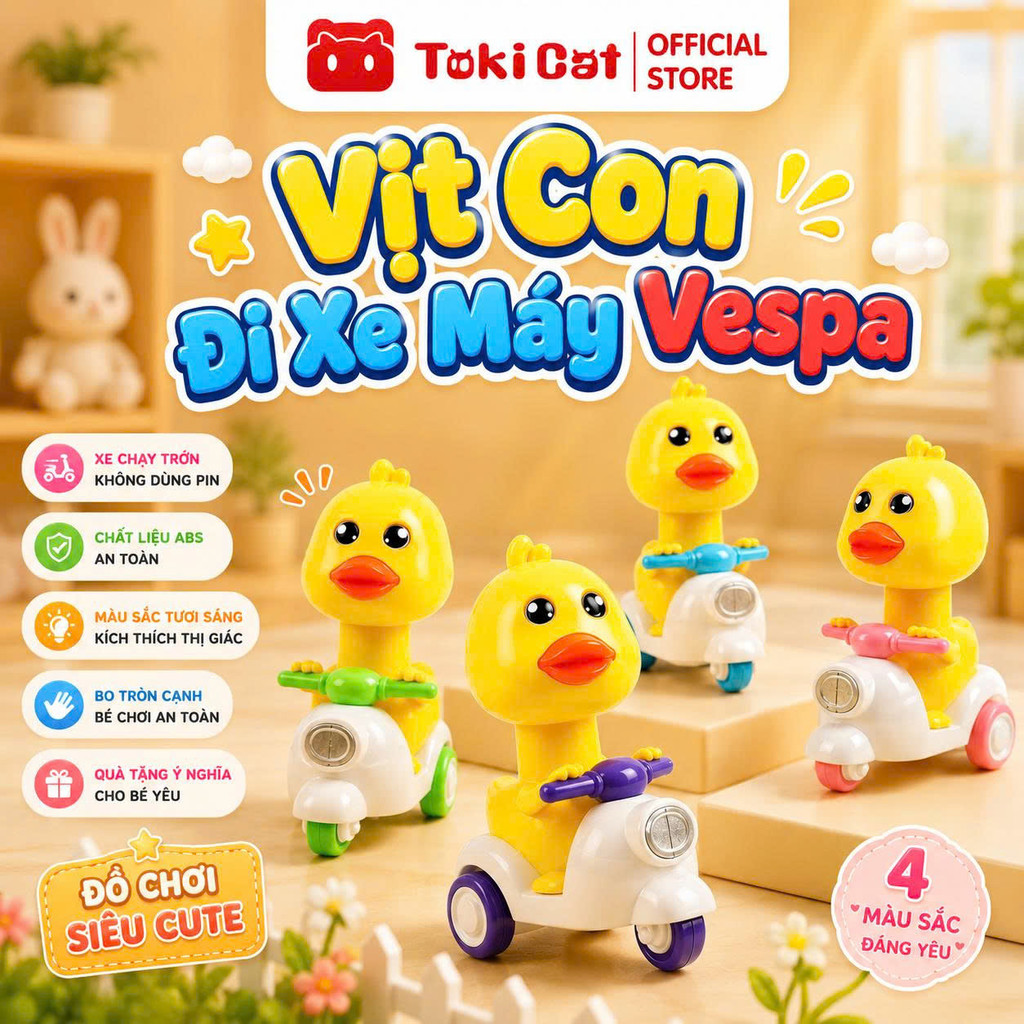 Đồ Chơi Vịt Con Lái Xe Tay Ga Mini – Ấn Đầu Là Chạy, Bốc Đầu Vui Nhộn, Không Cần Pin Cho Bé Toki Cat