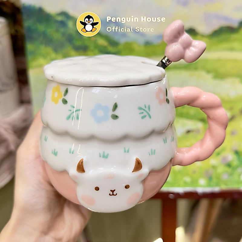 [Penguin] Cốc sứ cute Cừu non 350ml ly sứ decor, ly sứ uống nước, cốc uống nước dễ thương