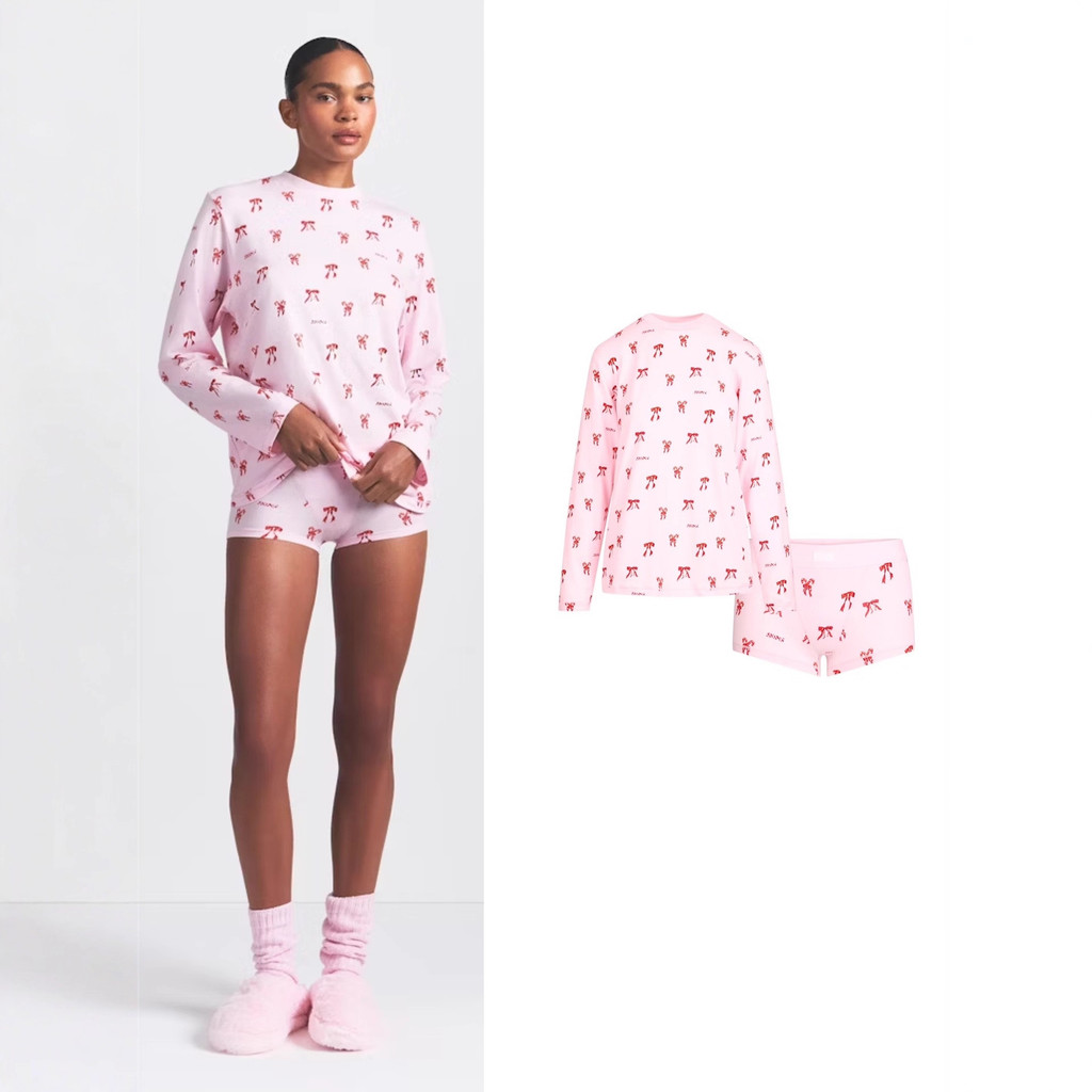 SKIMS New Christmas Bow Pattern Loungewear Casual Round Neck Loose Long Sleeve Pajama Set