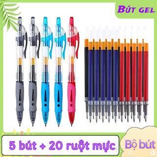  Bút Gel Bấm 0.5mm - Bộ 5 Bút + 20 Ruột Mực Thay Viết Trơn Mực Đen Xanh Đỏ Cầm Êm Dành Cho Học Sinh Văn Phòng 