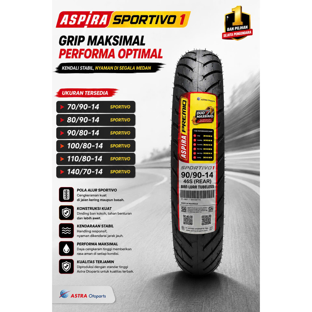 Vỏ Xe Tay Ga Không Ruột ( Aspira Sportivo ) Đủ Size : 70 -> 140 Vành 14in , Hàng Chính Hãng ASPIRA T