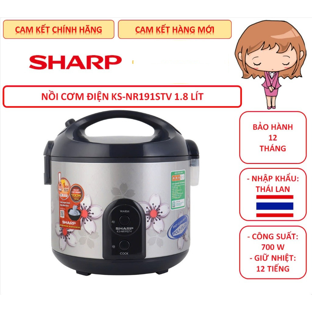 [Hỏa tốc 1h] Nồi cơm điện Sharp KS-NR191STV & KS-NR181STV 1.8 lít, nhập Thái Lan, công suất 700W, ch