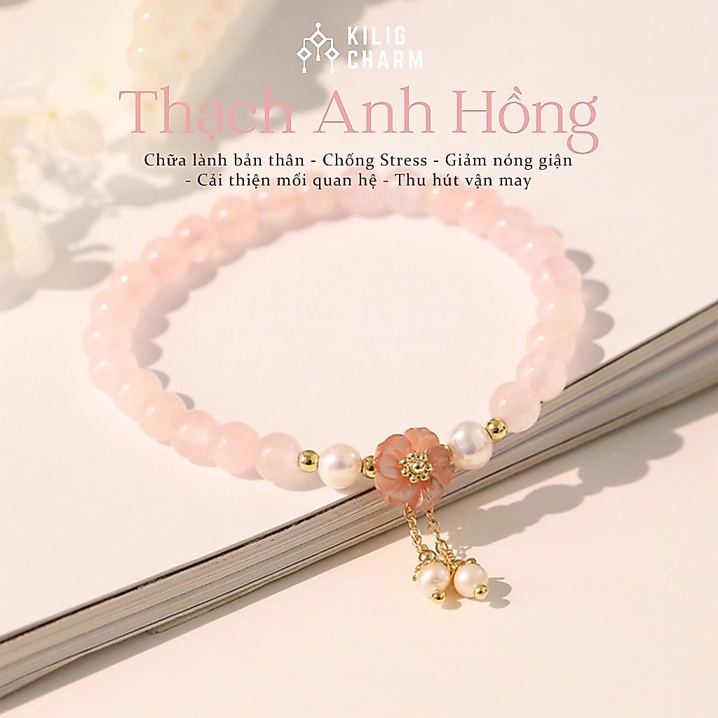 Vòng tay đá thạch anh hồng cổ phong charm hoa Sakura cho nữ nữ tính KILIG CHARM - KC47