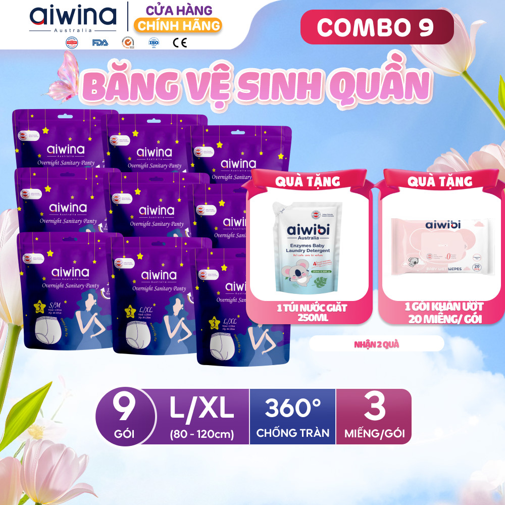 Combo 9 Băng vệ sinh quần Aiwina ngày và đêm size L/XL gói 3 miếng