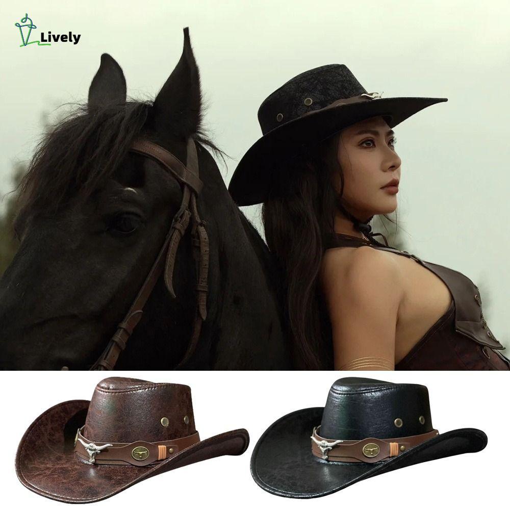 LIVELY Faux Leather Cowboy Hat, Vintage Bull Head Buckle Western Cowboy Hat, Thời Trang Retro Chống 