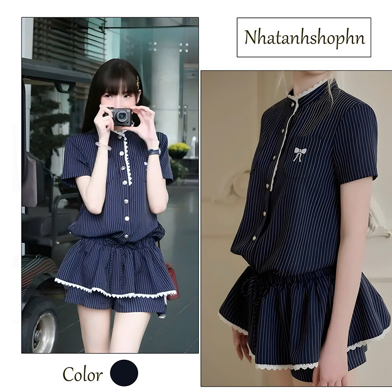 Set Váy Nữ Jumpsuit Cổ Tàu Phối Phối Ren Thêu Nơ, Bộ Đồ Nữ Tiểu Thư Váy Liền Quần Trong Rời