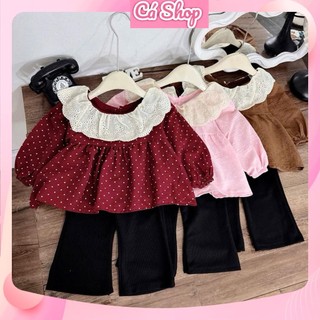  X194 Bộ quần áo chấm bi babydoll 3 màu quần đen loe cho bé gái 