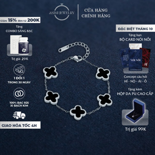 Lắc tay bạc mặt đá cỏ 4 lá Asimi, Dây chuyền bạc ta S925 bền màu xi kim đơn giản Lucky Line LT17
