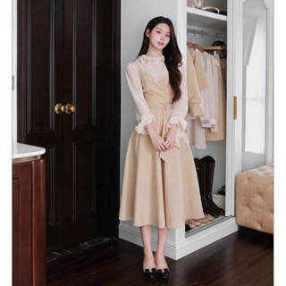  DOTI  Set Bộ Áo Cổ Bèo Mix Váy 2 Dây Yếm Dáng Dài Set Áo Tay Dài Bèo Phối Váy Khoét Cổ V Tinh Tế 