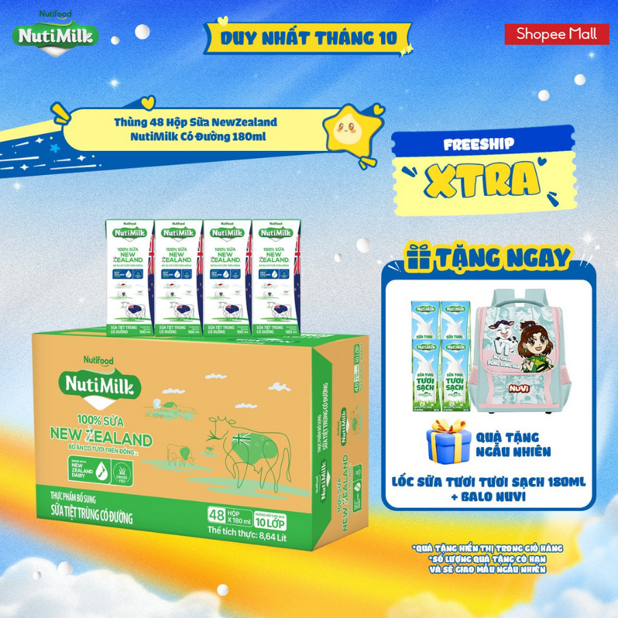 Thùng 48 Hộp Sữa NewZealand NutiMilk Có Đường 180ml
